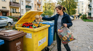 Obraz przedstawia realistyczną scenę codzienną osadzoną na polskim osiedlu mieszkaniowym