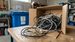 Grafika przedstawia realistyczną scenę w warsztacie lub garażu, skupiając się na tematyce segregacji elektrośmieci