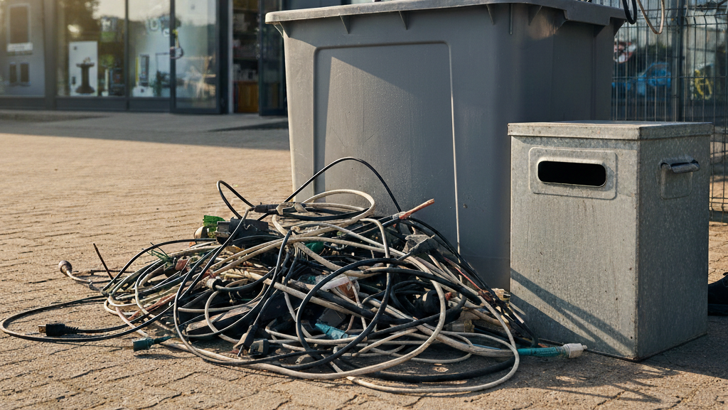Obraz przedstawia realistyczną scenę związaną z utylizacją elektrośmieci