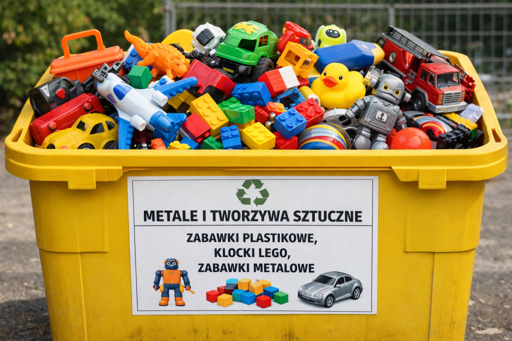 Na obrazie widoczny jest duży, żółty pojemnik do segregacji odpadów przeznaczony na metale i tworzywa sztuczne