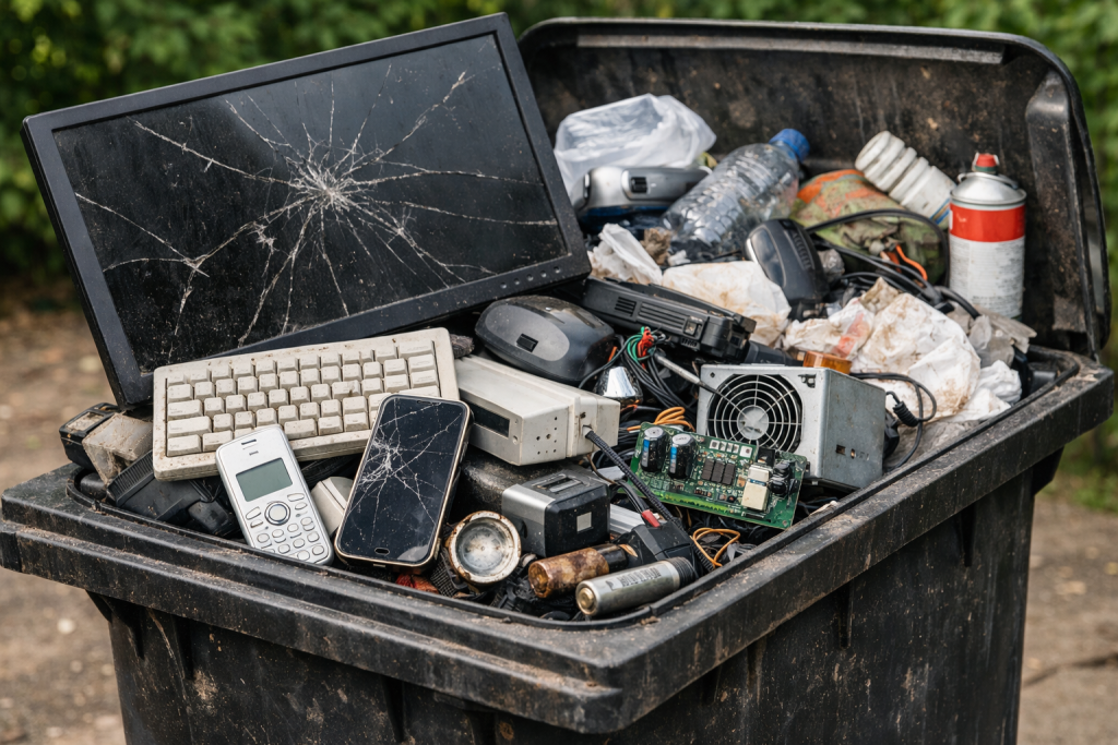 Na obrazie widać duży, czarny pojemnik na zmieszane odpady stojący na zewnątrz