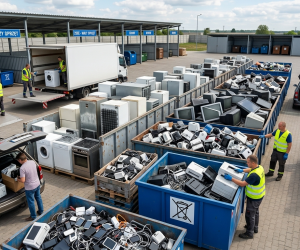 Obraz przedstawia profesjonalny punkt selektywnej zbiórki odpadów elektrycznych i elektronicznych (PSZOK) w słoneczny dzień