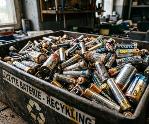 Obraz przedstawia realistyczny, surowy widok na stary, metalowy lub plastikowy pojemnik wypełniony po brzegi zużytymi bateriami