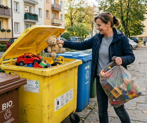 Obraz przedstawia realistyczną scenę codzienną osadzoną na polskim osiedlu mieszkaniowym
