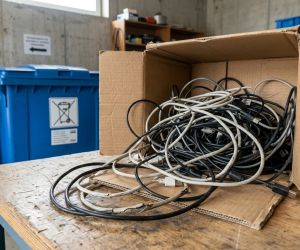 Grafika przedstawia realistyczną scenę w warsztacie lub garażu, skupiając się na tematyce segregacji elektrośmieci